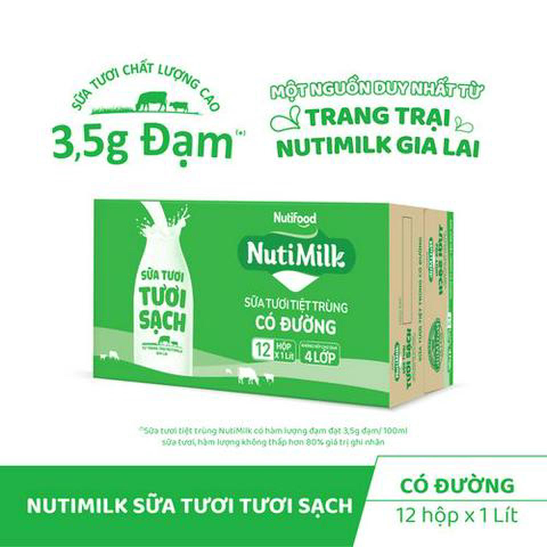 Hình ảnh Thùng 12 Hộp Sữa Tươi Tươi Sạch NutiMilk Có Đường 1L