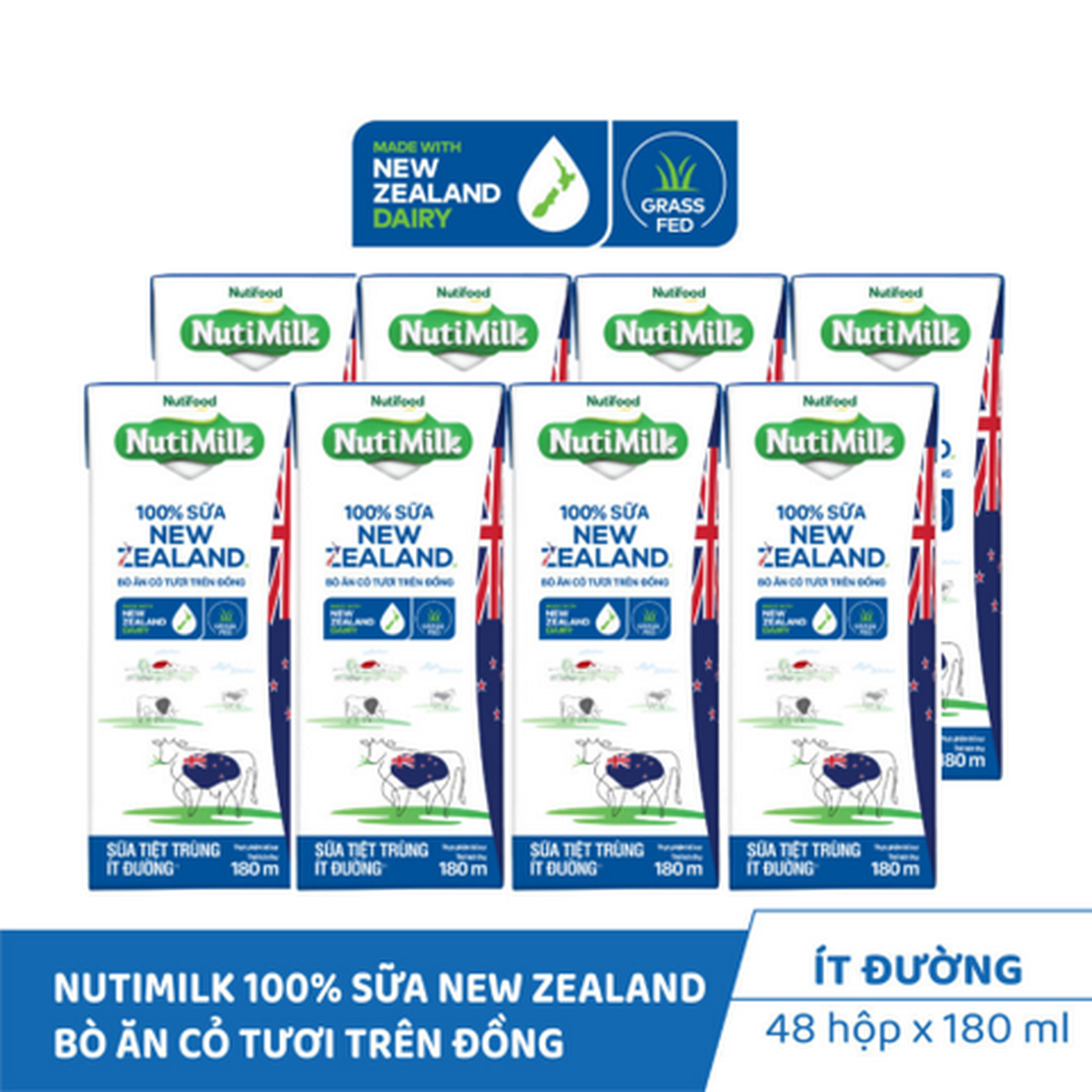Hình ảnh Combo 2 lốc 4 hộp Nutimilk 100% sữa New Zealand ít đường 180ml