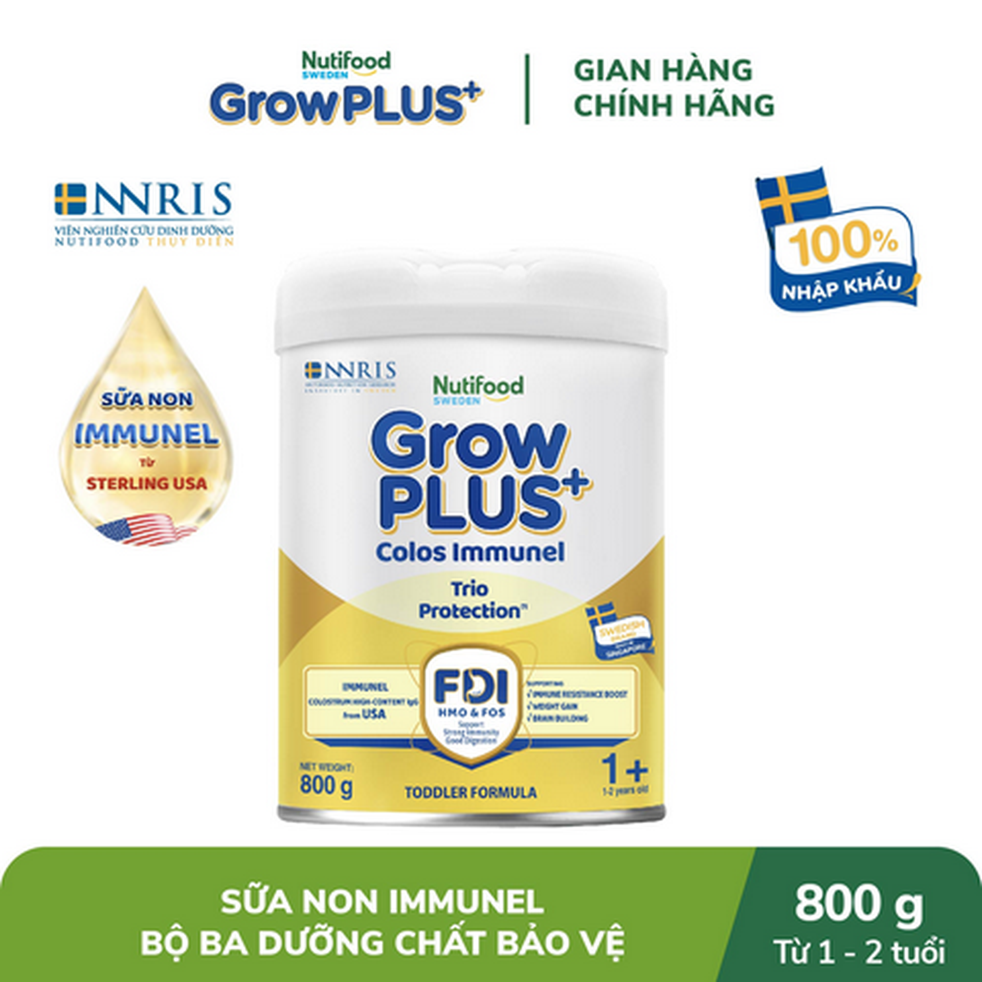 Hình ảnh Sữa bột Nutifood Sweden Growplus+ sữa non immunel 1+ (1-2 tuổi) lon 800g