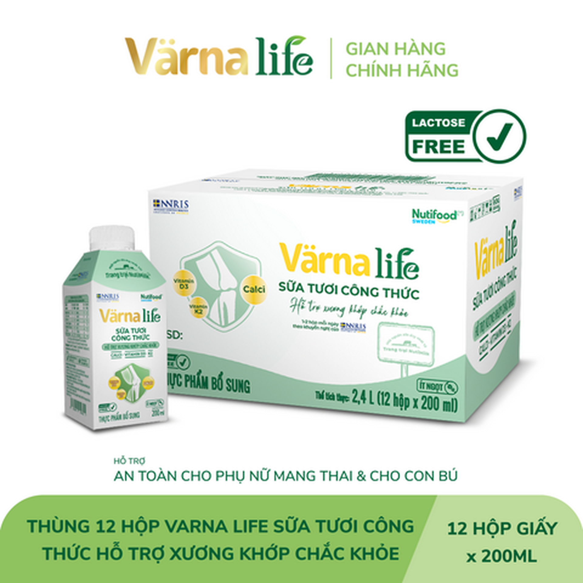 Hình ảnh Thùng 12 hộp thực phẩm bổ sung Varna Life sữa tươi công thức (Xanh) 200ml