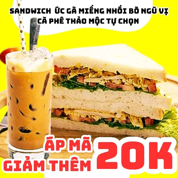 Hình ảnh Bánh Mì Sandwich Ức Gà Miếng Nhồi Bò Miếng Ngũ Vị + Cà Phê Thảo Mộc