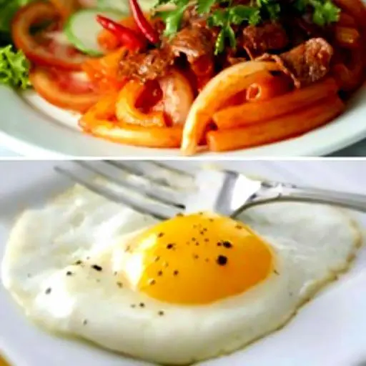 Hình ảnh Nui xào bò Úc - trứng Opla