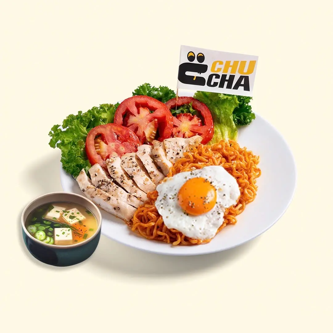 Hình ảnh  MỲ CAY PHÔ MAI ỨC GÀ ÁP CHẢO KÈM TRỨNG + SOUP MISO