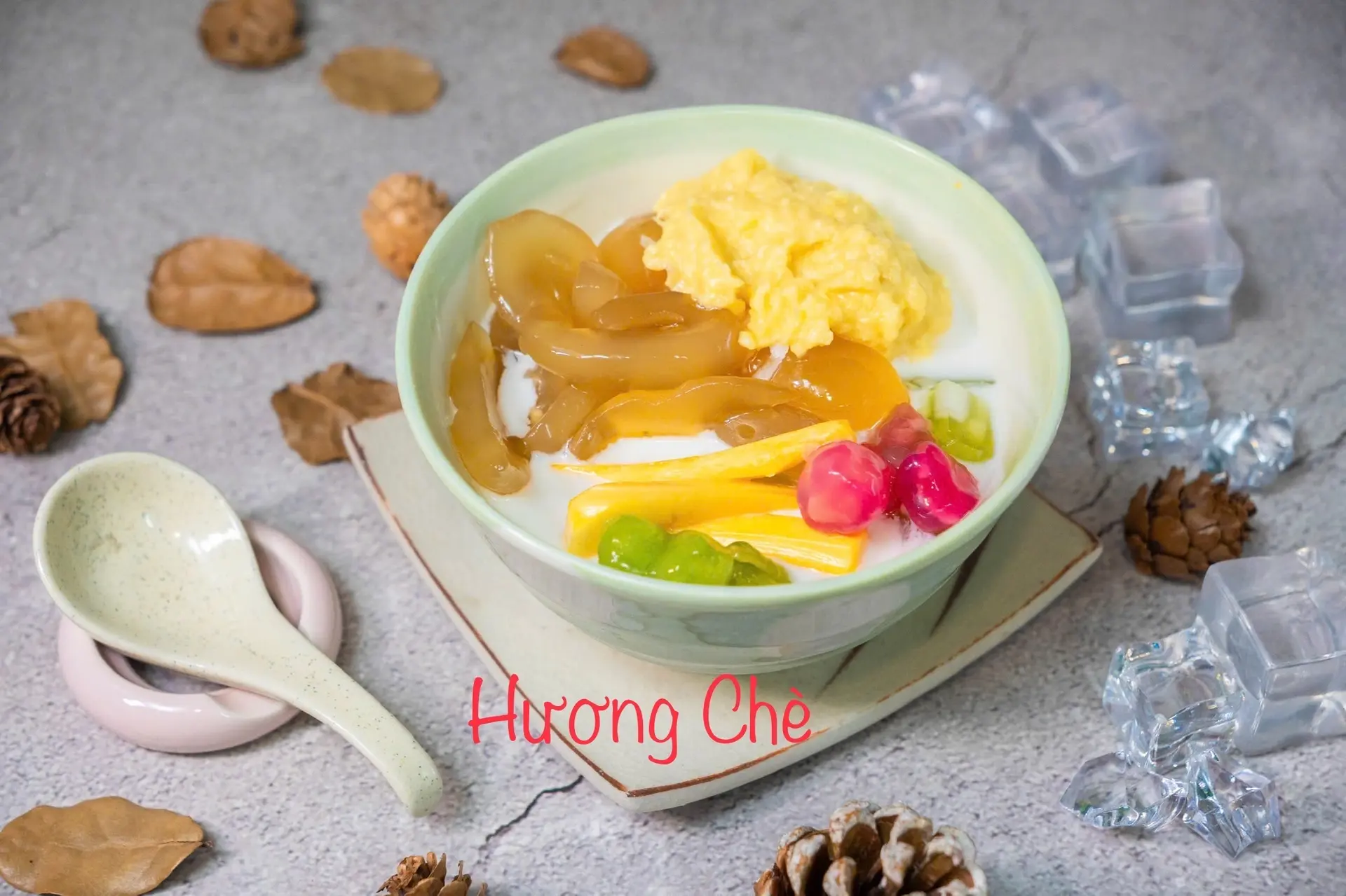 Hình ảnh Chè củ năng dừa non mix bánh flan