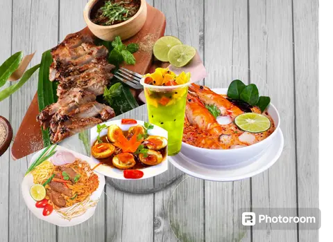 Hình ảnh 1 Thịt nướng +1 Bad thái thịt +1 trứng sốt me +1 Tomyum +1 trà trái cây