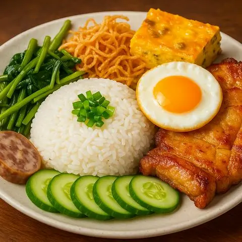 Hình ảnh Cơm Sườn Nướng + Bì +Chả + Trứng ốp la + Lạp Xưởng +Rau Xào ⭐️