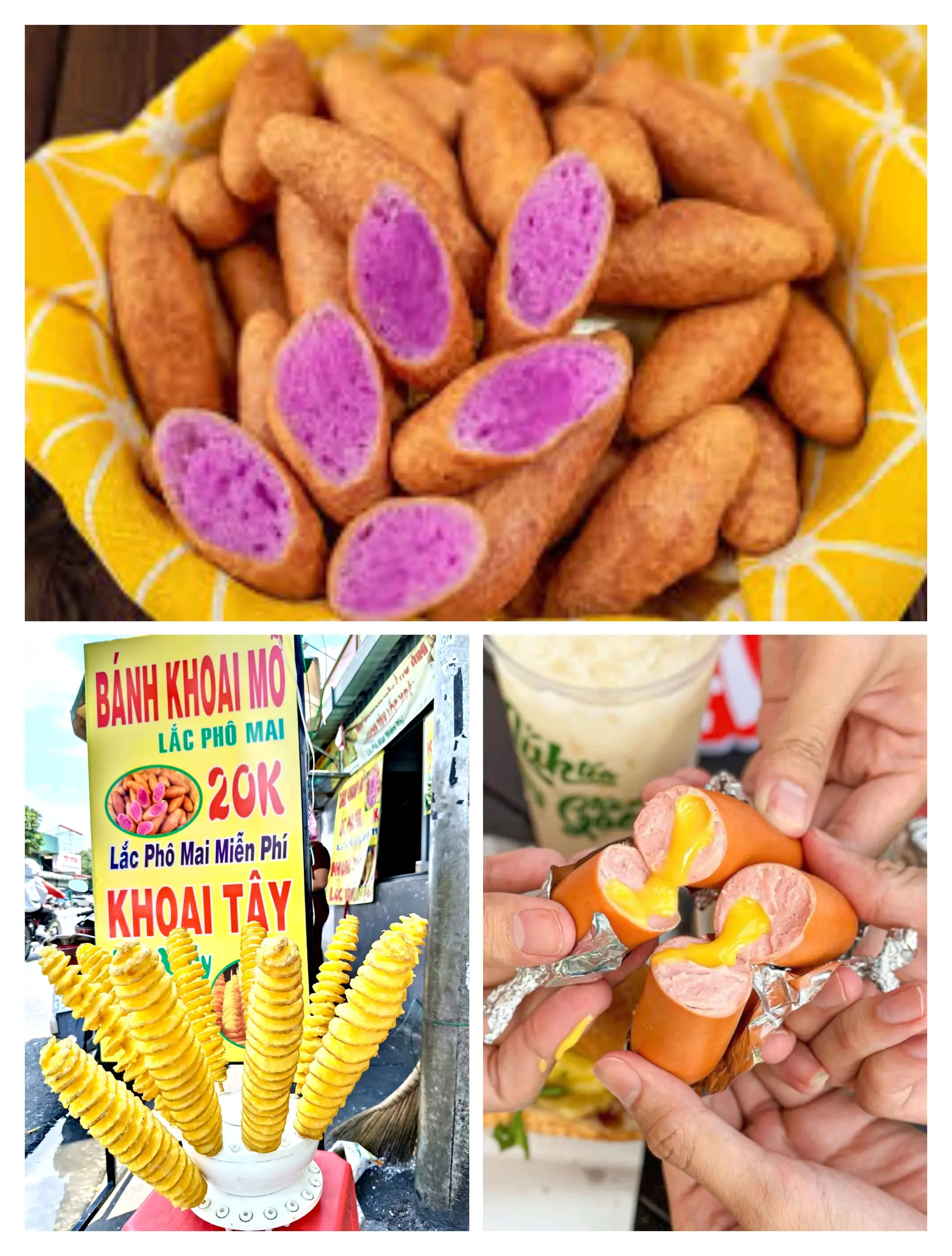 Hình ảnh Combo 3ph : 1xúc xích nướng phô mai tan chảy, 1 cây khoai tây lốc xoáy , 1 phần khoai mỡ lắc phô mai .