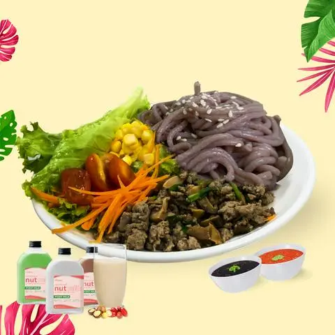 Hình ảnh Bún gạo lứt bò bầm xèo nấm hương + 250ml sữa hạt