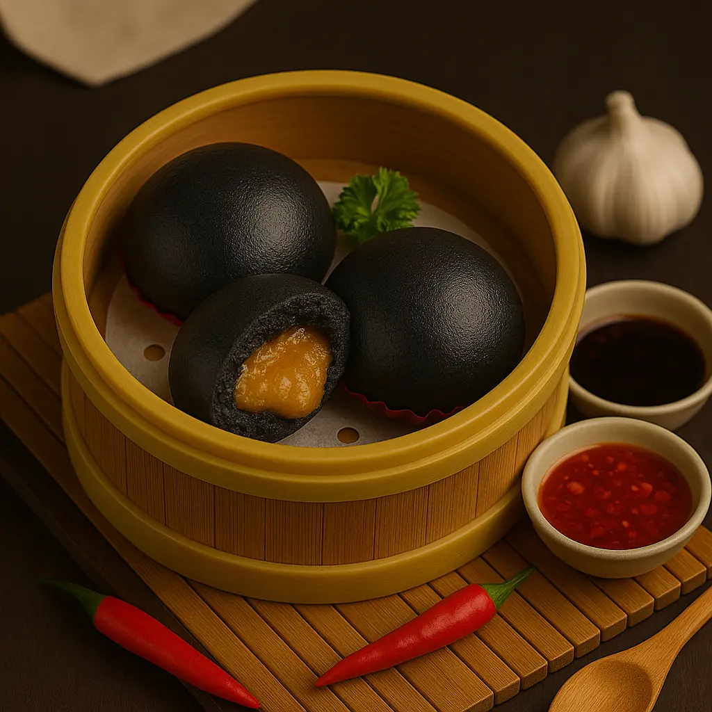 Hình ảnh Bánh bao kim sa than tre - Charcoal salted egg dumpling - 2 pcs