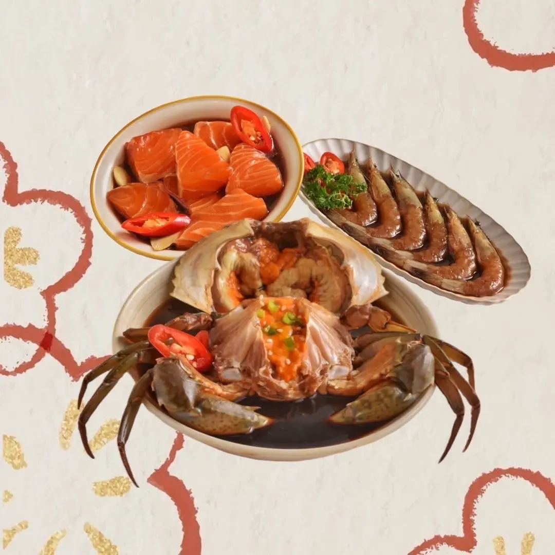 Hình ảnh Set 4: Cua, Tôm & Cá Hồi Ngâm Tương