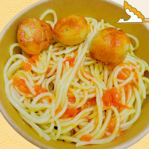 Hình ảnh Mì Ý Spaghetti (Trộn) Sốt Chả Cá Trứng Cút To (3 Viên)