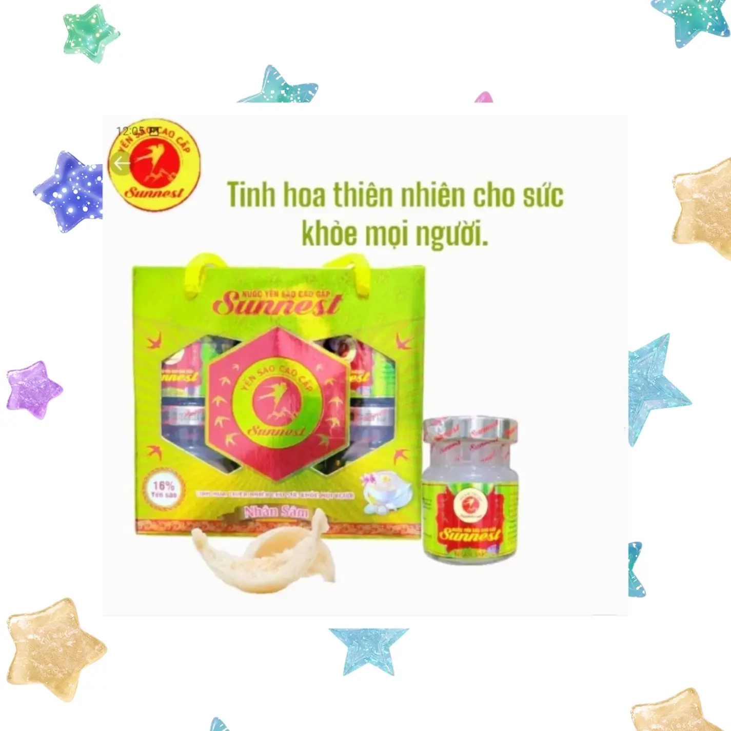 Hình ảnh Hộp 6 Hũ Yến Sào SUNNEST Nhân Sâm 20% (Có Lát Nhân Sâm) Lọ Thủy Tinh ( 70ml x 6 Hũ) Cao Cấp Chính