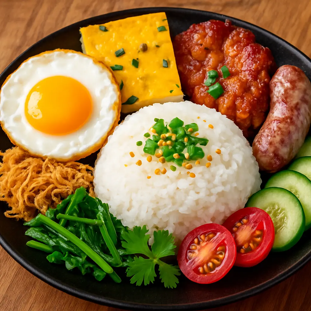 Hình ảnh Cơm Ba Rọi Nướng + Bì+ Chả + Trứng ốp la+ Lạp Xưởng + Rau Xào ⭐️