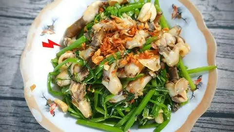 Hình ảnh sò dẹo xào rau muống tóp mỡ