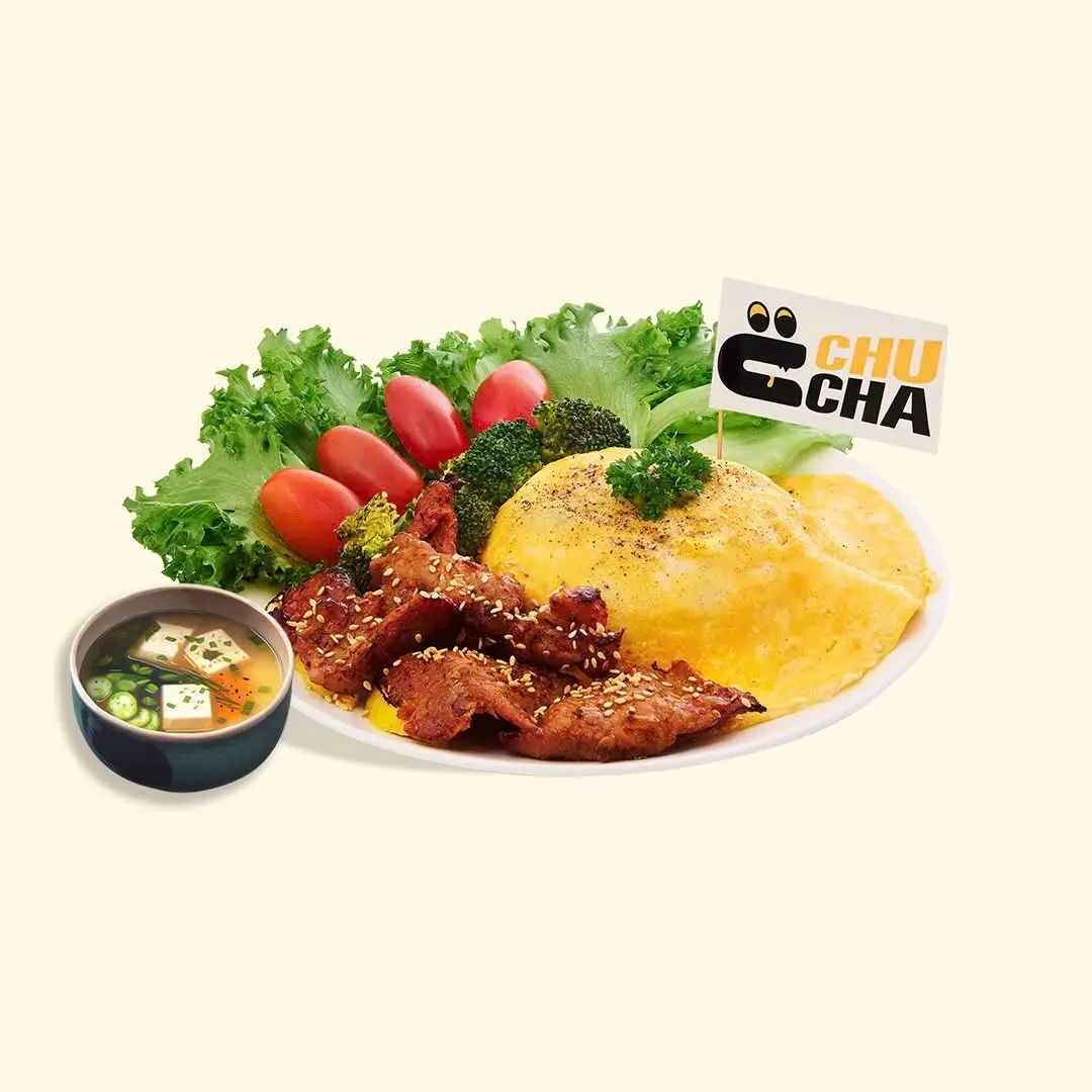 Hình ảnh CƠM CHIÊN PHỦ TRỨNG NẠC HEO NƯỚNG SỐT TIÊU CAM + SOUP MISO