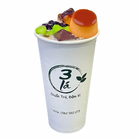 Hình ảnh Đặc Biệt 1: Trà Sữa Ba Lá Full Topping Thêm Flan Hoặc Chân Mèo