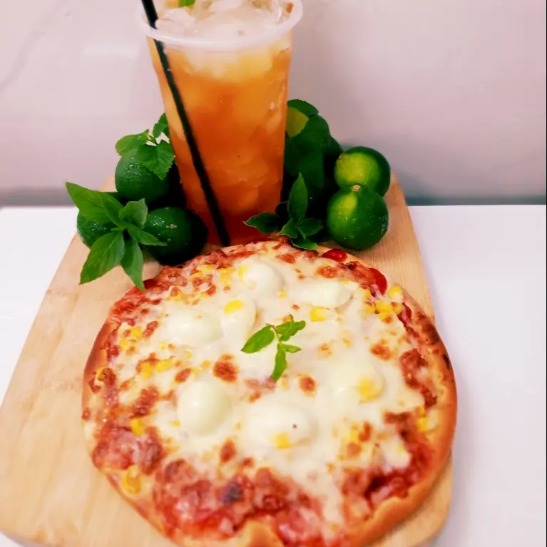 Hình ảnh pizza 22 cm thập cẩm+ly trà chanh tươi 