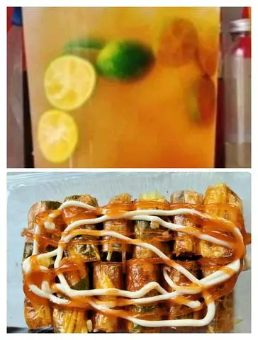 Hình ảnh combo 6 bánh tráng cuốn sốt bơ, trà tắc thơm ngon.