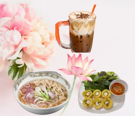 Hình ảnh 1 ly caphe muối 1 tô phở vegan 1 dĩa 6 cai bánh khọt