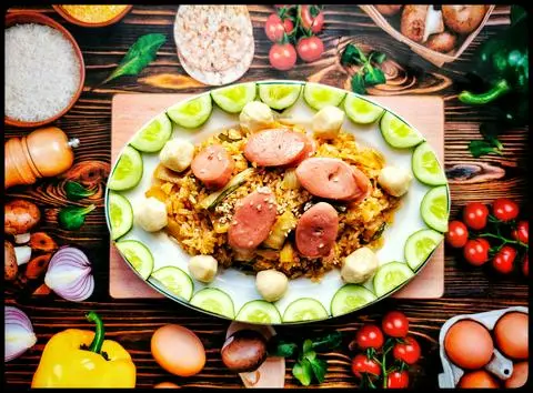 Hình ảnh cơm trộn xiên que kim chi + xúc xích đức