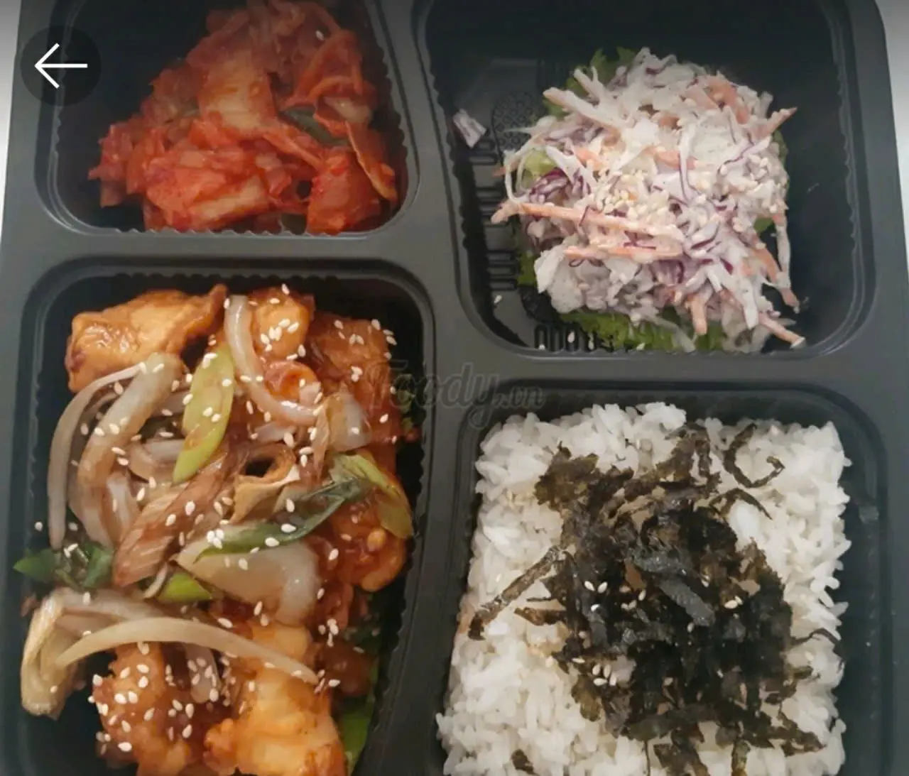 Hình ảnh Set N6 ( Cơm Bento gà sốt gia vị + súp chả cá HQ xiên que (2 xiên) +Cơm trắng trứng ốp la 