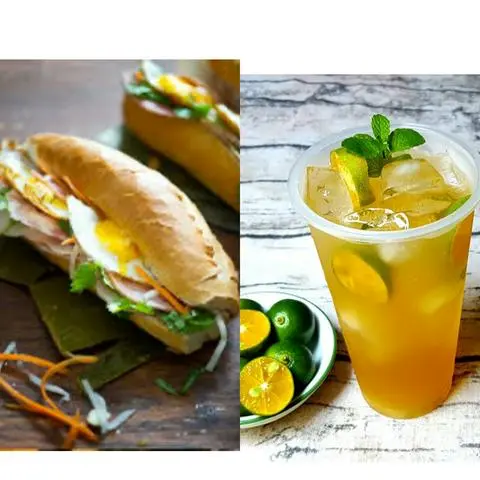 Hình ảnh bánh mì opla kèm trà tắc hoặc trà đường 