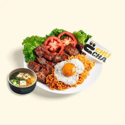 Hình ảnh MỲ CAY PHÔ MAI BÒ ÁP CHẢO “CHU CHA” KÈM TRỨNG + SOUP MISO