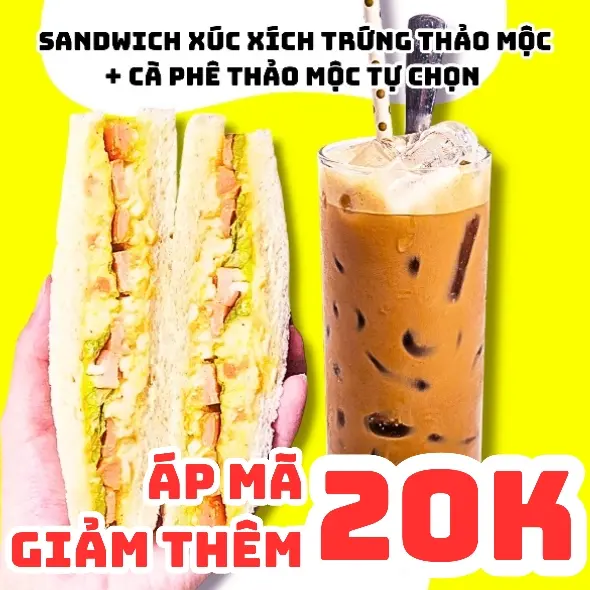 Hình ảnh Bánh Mì Sandwich Xúc Xích Trứng Thảo Mộc + Cà Phê Thảo Mộc
