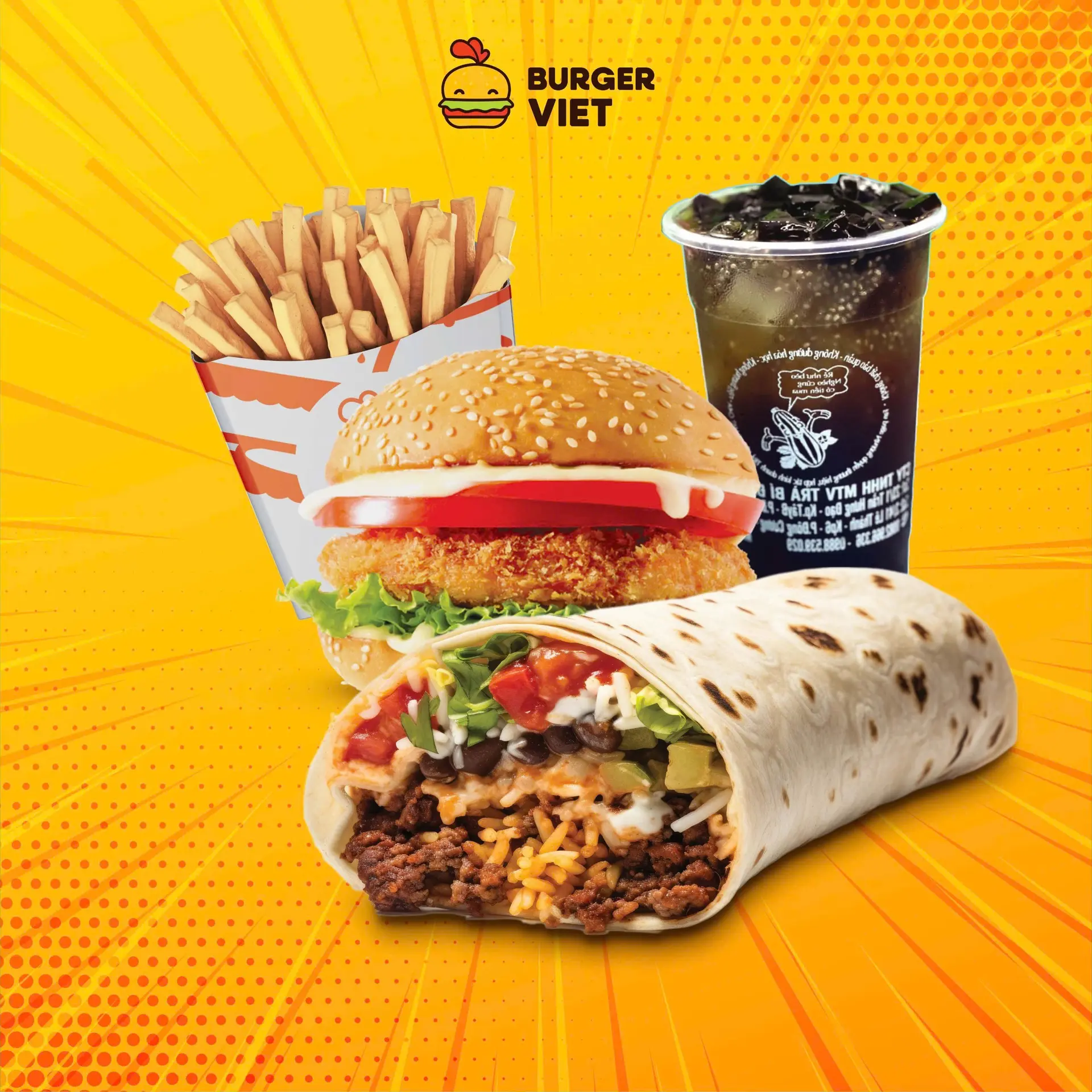 Hình ảnh 1 Burrito gà + 1 Burger Gà + 1 khoai tây + Trà bí đao