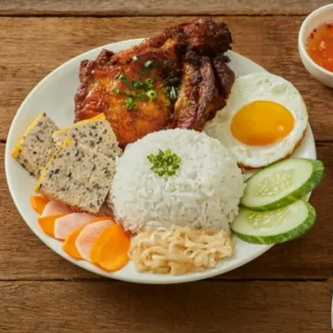 Hình ảnh Cơm sườn bì chả trứng tốp mỡ mắm kẹo + 1 nước sâm