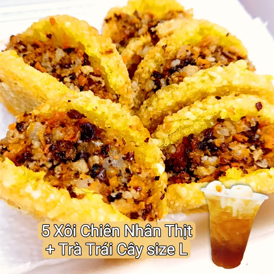 Hình ảnh Combo 5 Xôi Chiên Thịt + Trà Trái Cây size L