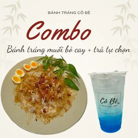 Hình ảnh combo bánh tráng muối bò cay trứng lòng đào + trà trái cây tự chọn