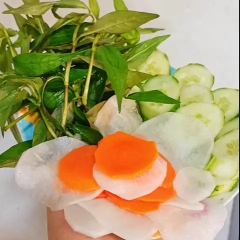 Hình ảnh rau ăn kèm .rau răm+dưa Leo + dưa chua 