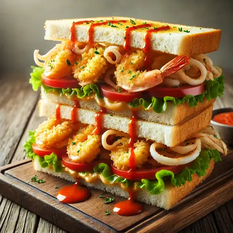 Hình ảnh Sandwich Tôm Mực Chiên Xù sốt Kem Rau Mùi 2 Tầng
