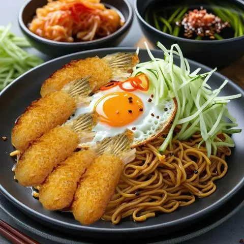 Hình ảnh Mì trộn 4c tôm chiên giòn + canh rong biển 