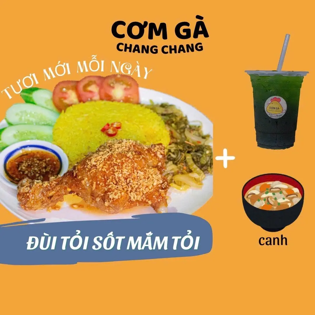 Hình ảnh Cơm gà xối mỡ sốt mắm tỏi (size nhỏ)+ trà tắc thái xanh khổng lồ 