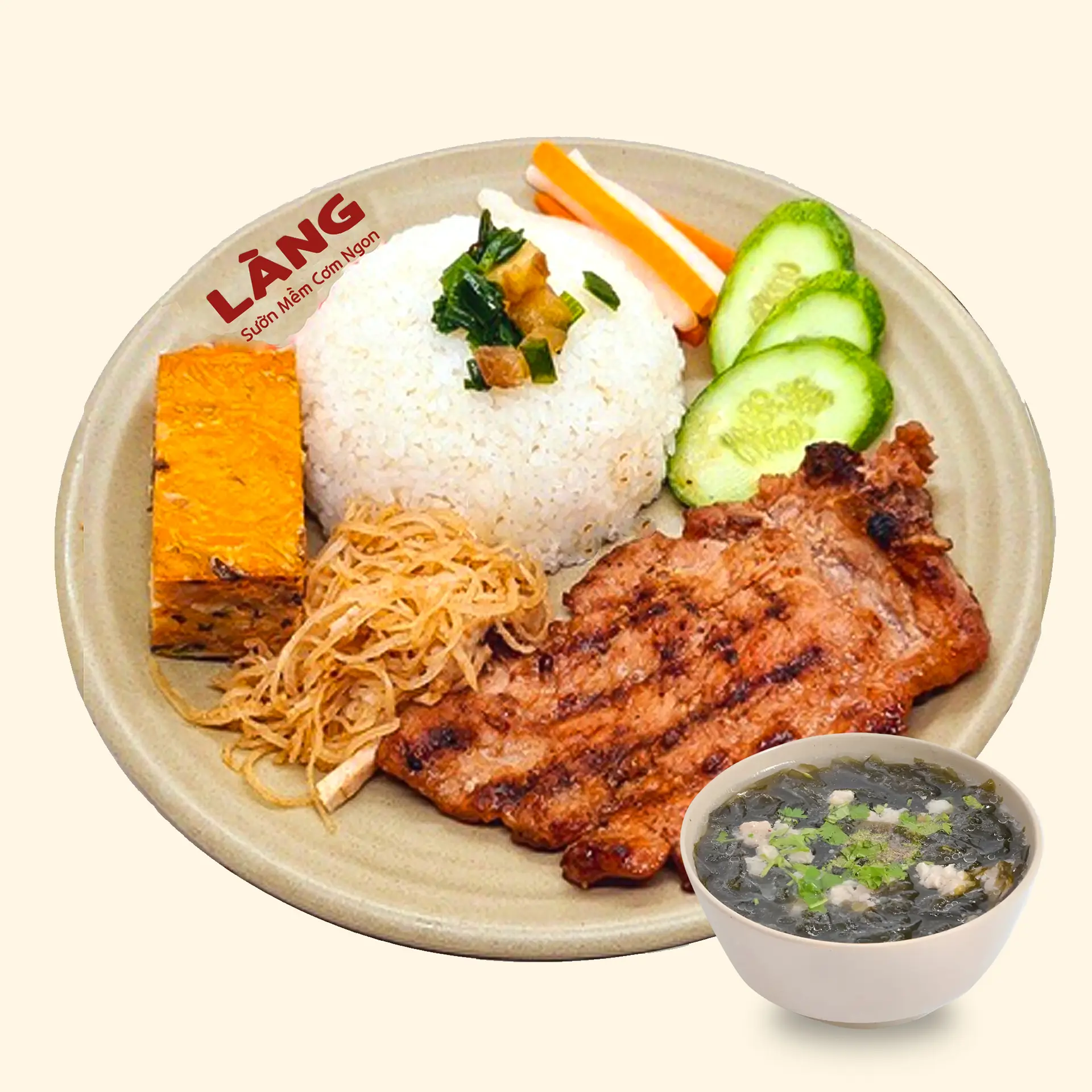 Hình ảnh Cơm Tấm Sườn Bì Chả + Canh rong biển
