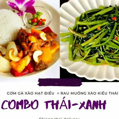 Hình ảnh Combo cơm gà xào hạt điều - rau muống xào cay