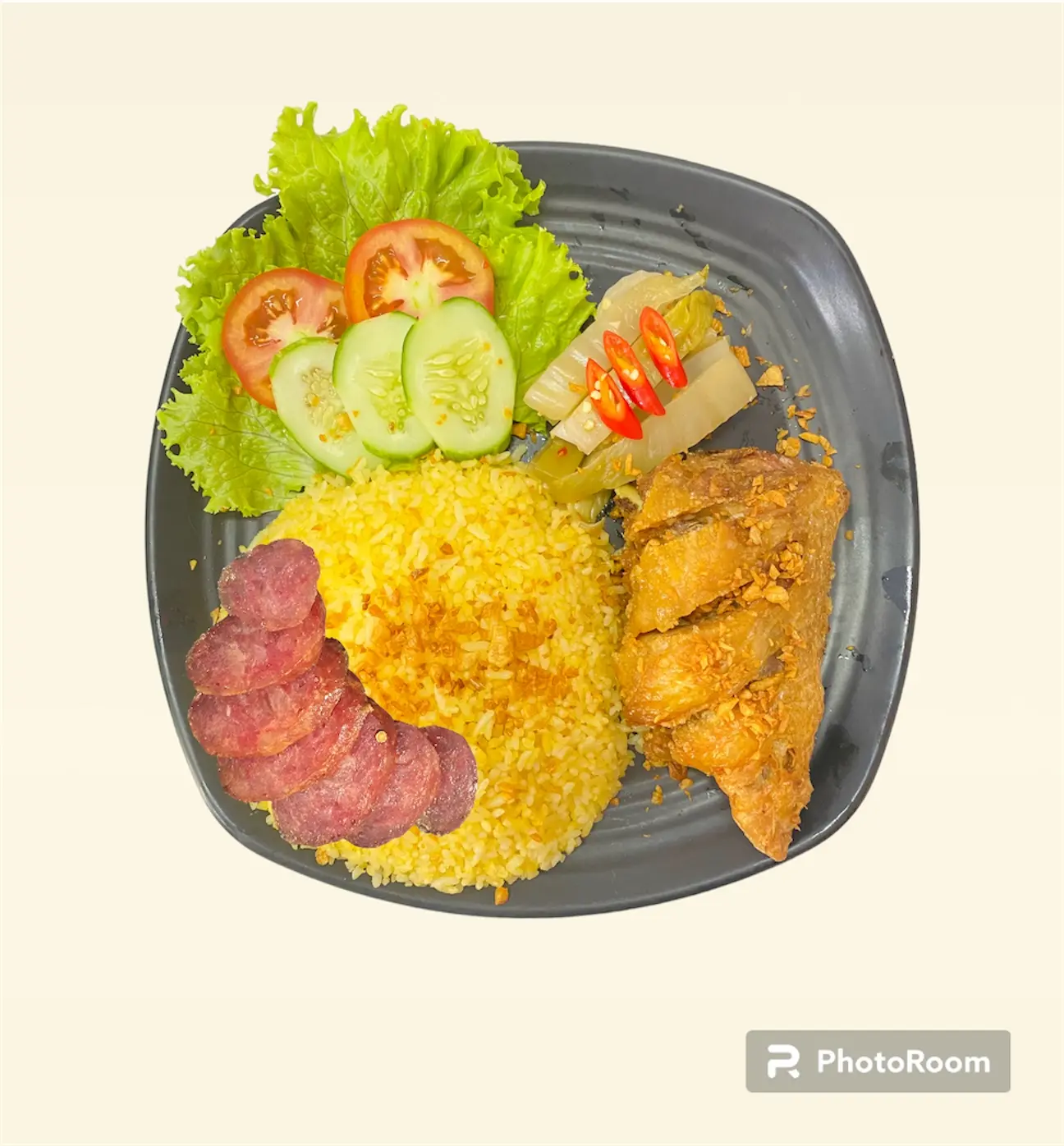 Hình ảnh Cơm má đùi gà sốt mắm tỏi + lạp xưởng