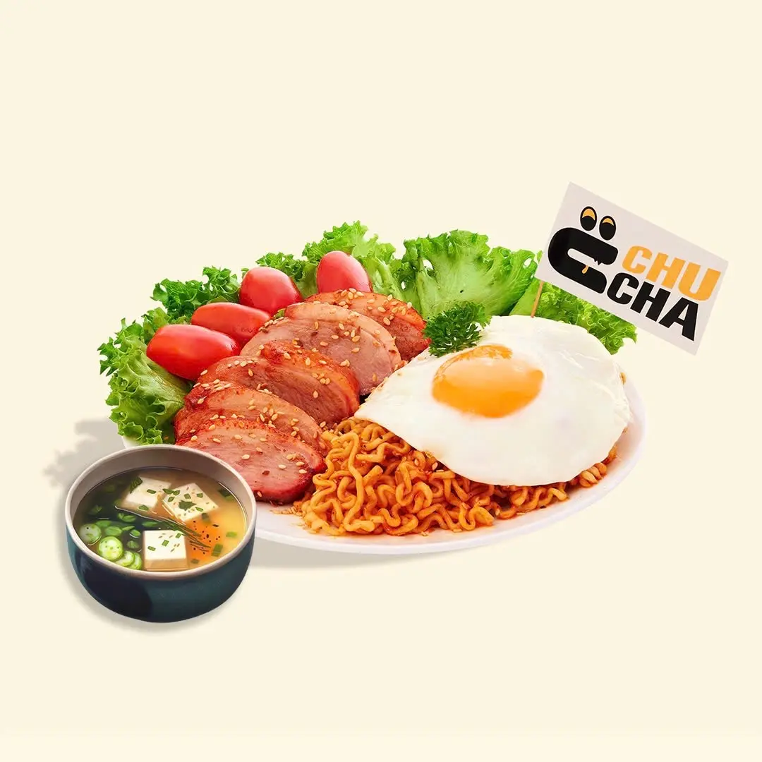Hình ảnh MỲ CAY PHÔ MAI LƯỜN NGỖNG XÔNG KHÓI (KÈM TRỨNG + SOUP MISO)
