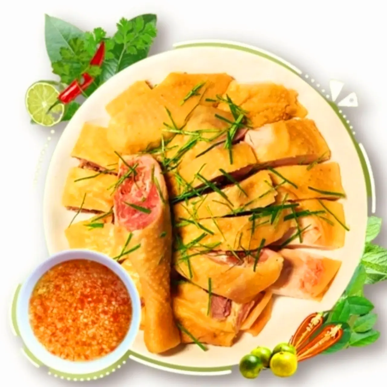 Hình ảnh gà Ủ muối 1/2 con(chặt sẵn) kèm rau dưa nước chấm 