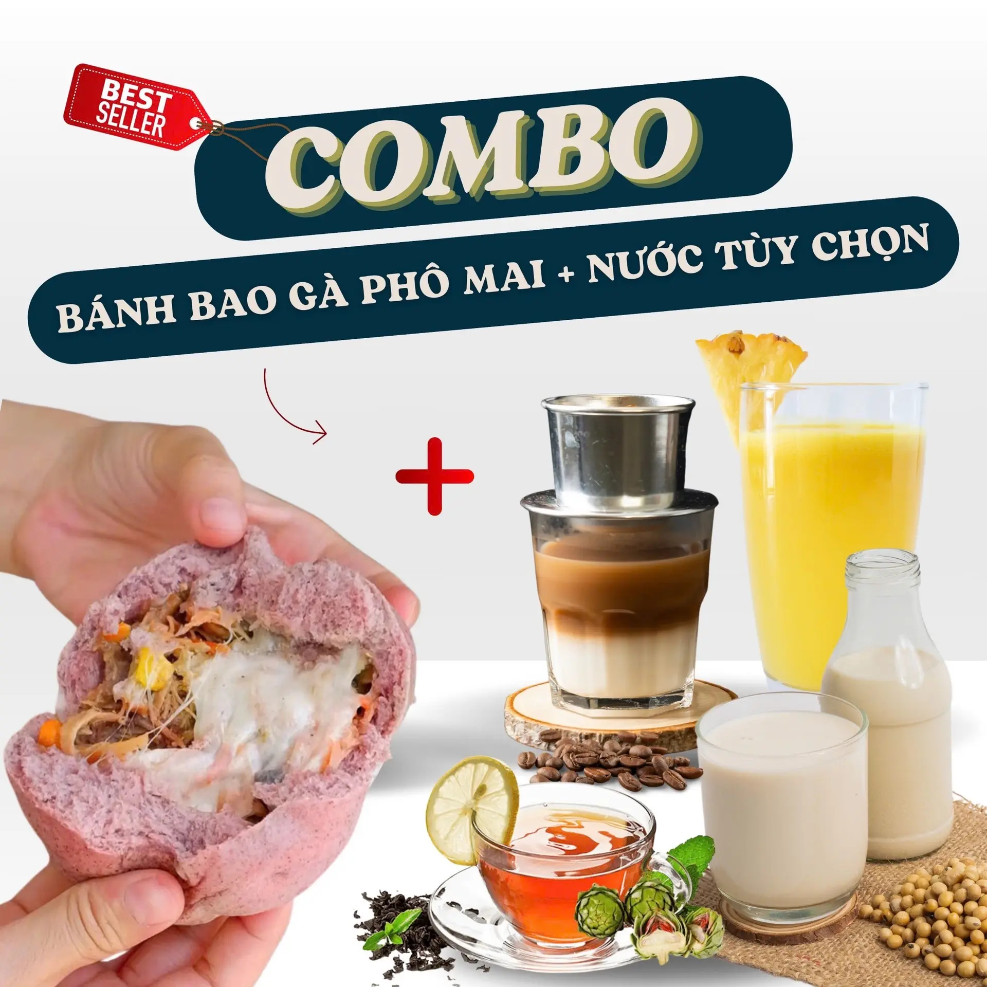 Hình ảnh Combo 1 Bánh Bao Gà Phô Mai + Nước Tuỳ Chọn