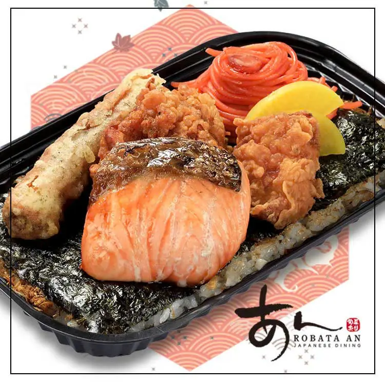 Hình ảnh "NORI BEN SAKE&KARA"Grilled Salmon & Fried Chiken Bento/Cơm cá hồi nướng muối & gà chiên xù