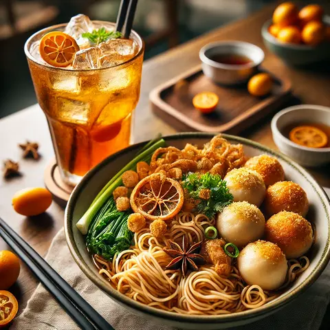 Hình ảnh Mì Indomie Cá Viên + Hồng Trà Tắc 1L