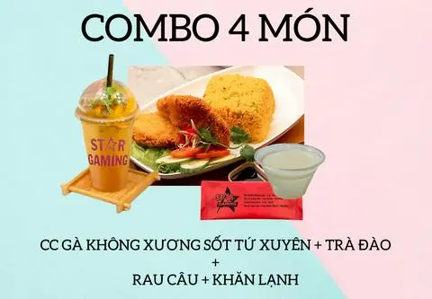 Hình ảnh CB Cơm gà không xương sốt tứ xuyên + Trà đào + Rau câu + Khăn lạnh