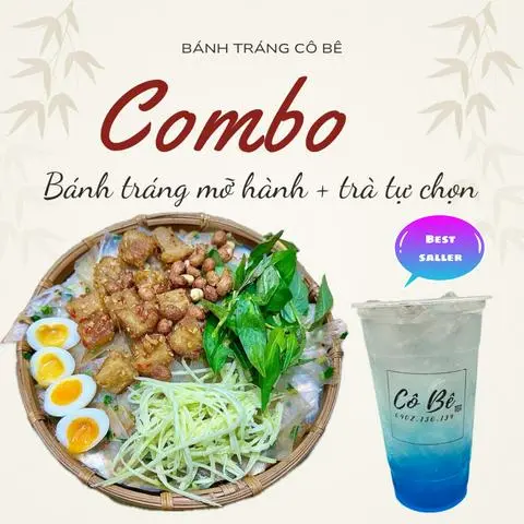 Hình ảnh combo bánh tráng mỡ hành tóp mỡ lòng đào + trà trái cây tự chọn