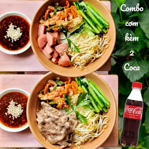 Hình ảnh Combo cơm: 1 cơm trộn thịt bò kim chi + 1 cơm trộn xúc xích đức kim chi (kèm 2 Coca có tẩy đá)