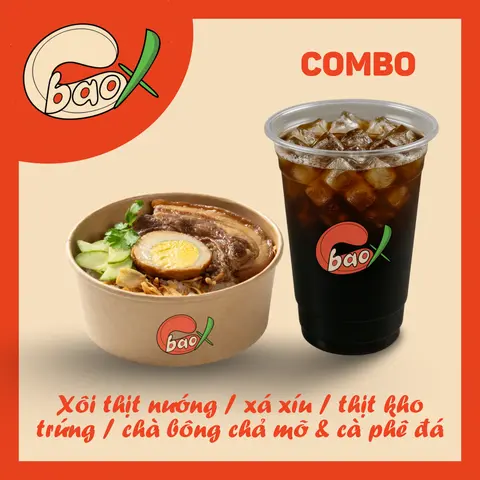 Hình ảnh Xôi thịt nướng / xá xíu / thịt kho trứng / chả mỡ chà bông & Cà phê đá