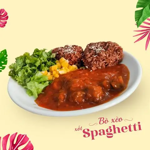 Hình ảnh Cơm gạo lứt + bò lúc lắc xèo xốt spaghetti