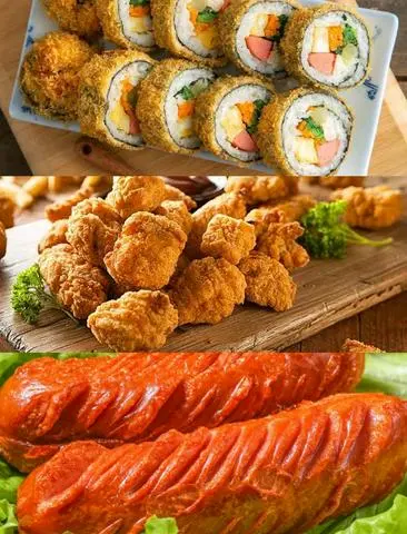 Hình ảnh xúc xích+Kim bắp+gà viên
